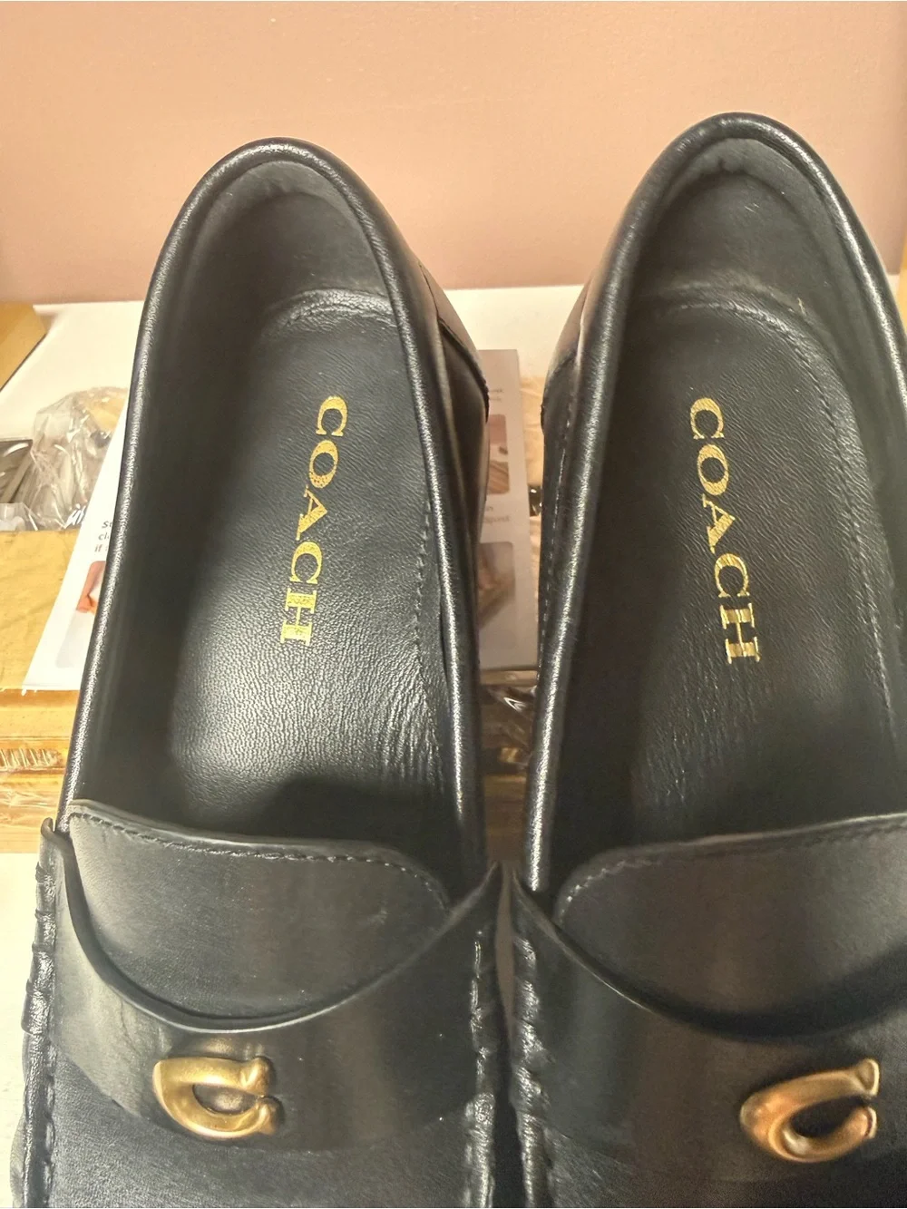 Coach Jolene Black Leather Loafers Gold C Hardware Slip On Women’s Size 7B